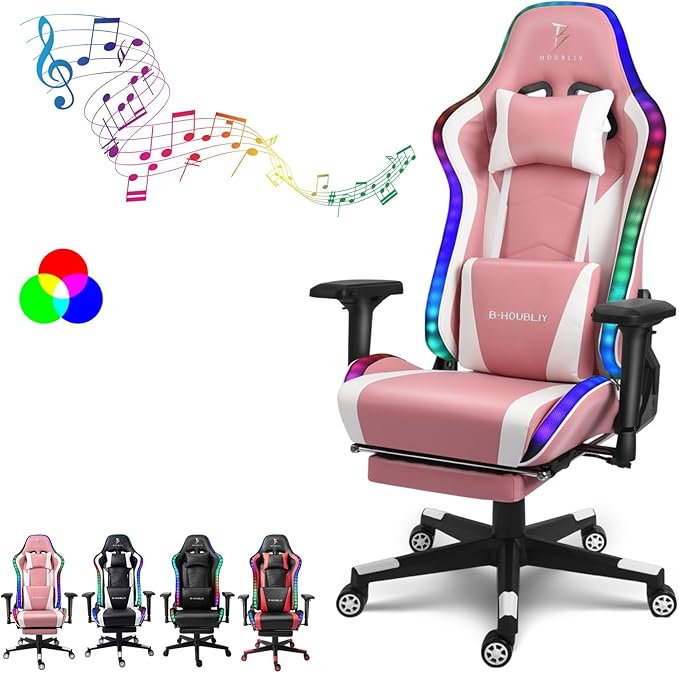 XOOFMASS Massage Gaming Chair with Footrest Gaming Chair with LED Light and Speaker High Back Racing Chair with Headrest and Lumbar Pillow Ergonomic Gaming Chair for AdultsPink