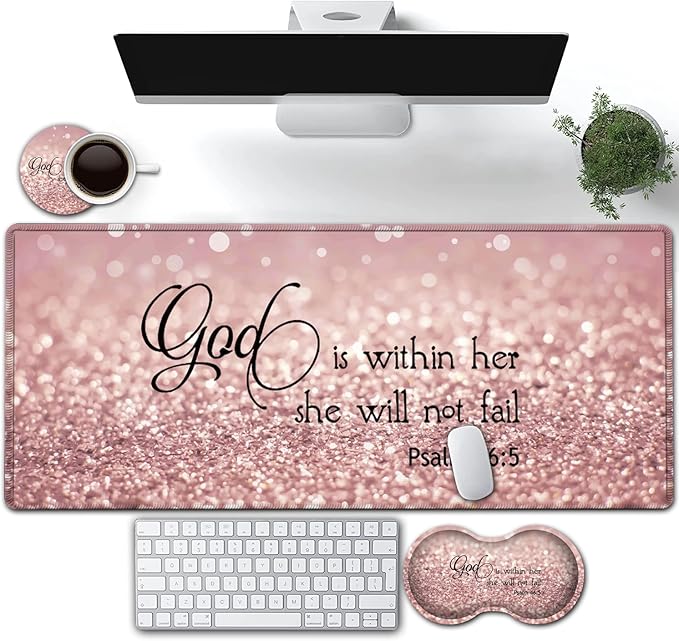 Large Gaming Mouse Pad Extended Waterproof Desk Pad Protector (31.5 x 11.8) Ergonomics Memory Foam Mouse Wrist Rest Support for Home Office Laptop Easy Typing Psalm 46:5 Bible Pink Mouse Mat
