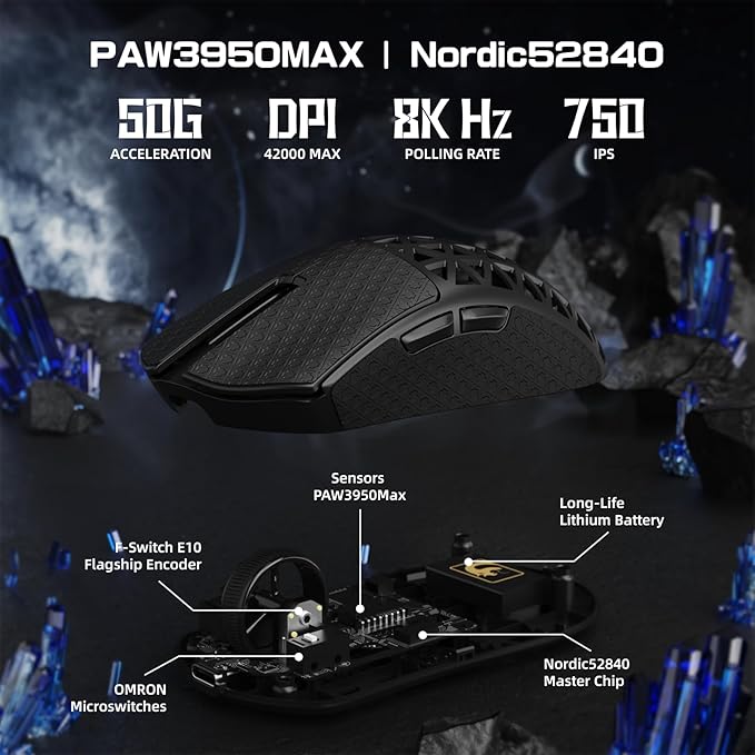 MAMBASNAKE M5 Ultra Carbon Fiber 8KHz Wireless Gaming MousePAW3950 Sensor 42K DPI39g Lightweight Tri-Mode 2.4GHz/BT/Wired Computer MiceWeb Driver Supportfor Win/Mac/FPS/MOBA/Esports-Black(B)