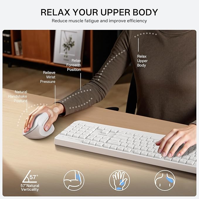 Philips Ergonomic Mouse - Vertical Mouse with 800/1200/1600 Adjustable DPI 6 Silent Buttons Auto Power SavingLight Weight2.4GHz Wireless Mouse for LaptopDesktop PC- White