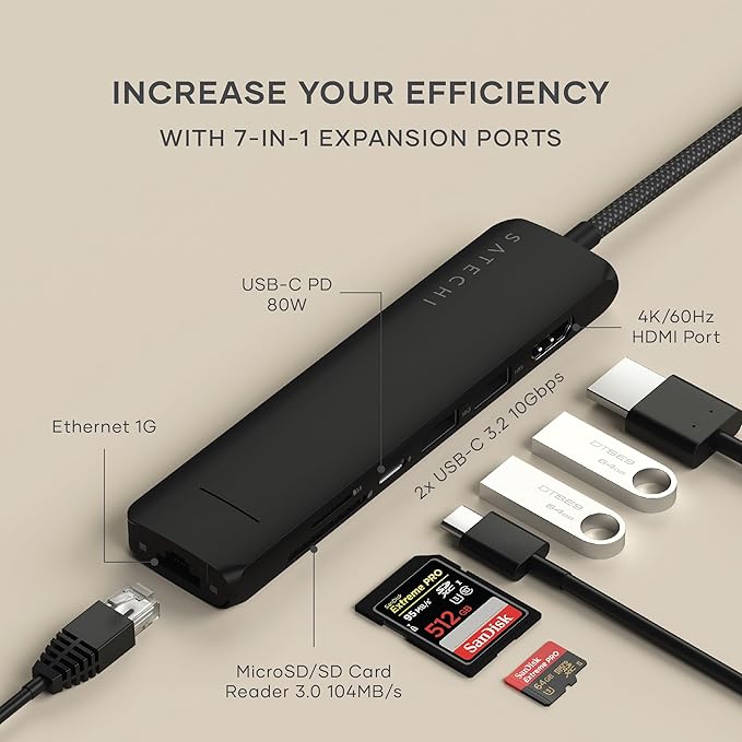 Satechi 7 in 1 USB C Hub Multiport Adapter with Ethernet HDMI 4K@60Hz 100W PD Charging 2X USB-A Data Ports Micro/SD Card Readers for MacBook Air/Pro M5/M4 iPad Windows - Black