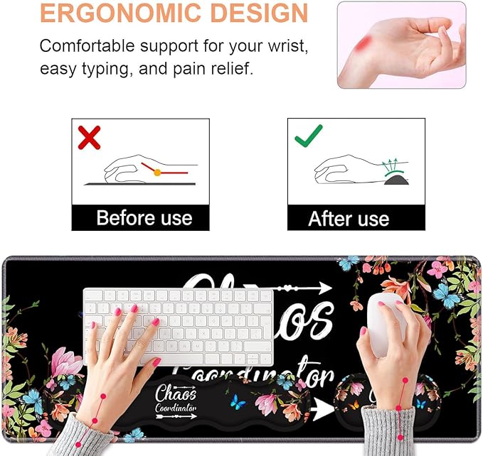 Ergonomic Keyboard Wrist Rest &amp Mouse Pad Wrist Rest Set Chaos Coordinator Quote Vintage Watercolor Floral Large Gaming Desk Mat 31.5x 11.8 with Memory Foam Easy Typing Pain Relief for Home Of