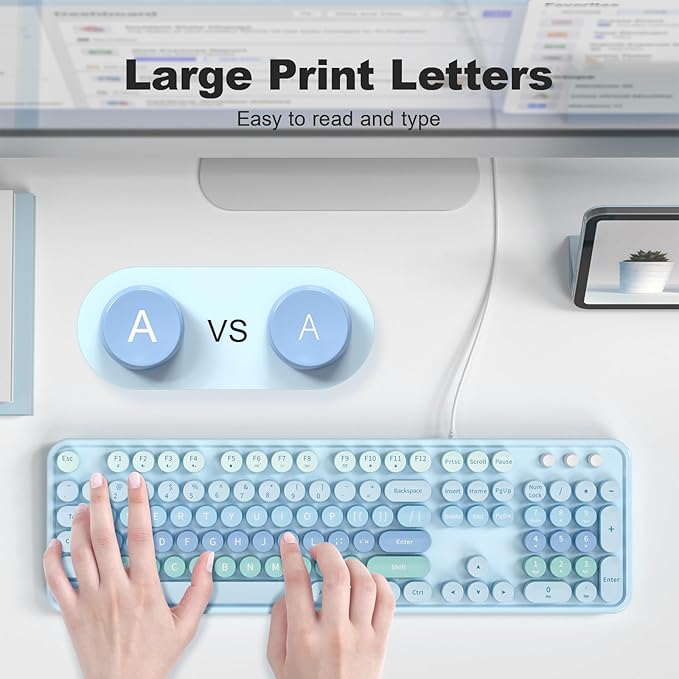 Large Print Keyboard Wired Full Size Wired Retro Round Keyboard with Foldable Stands Plug and Play for Laptop and Office PC- Blue Gradient