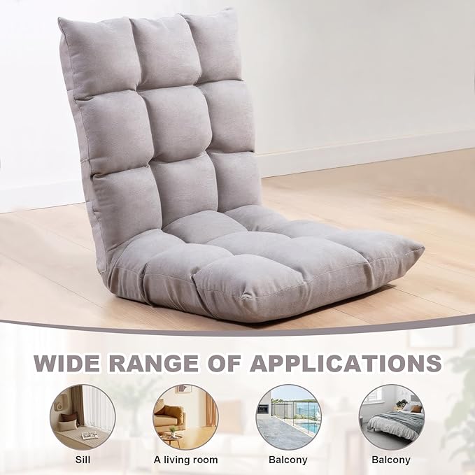 Folding Floor Chair 5-Position Cushioned Adjustable Lazy Sofa Foldable Floor Lounger for Adults Kids Gaming Reading Meditating (Gray)
