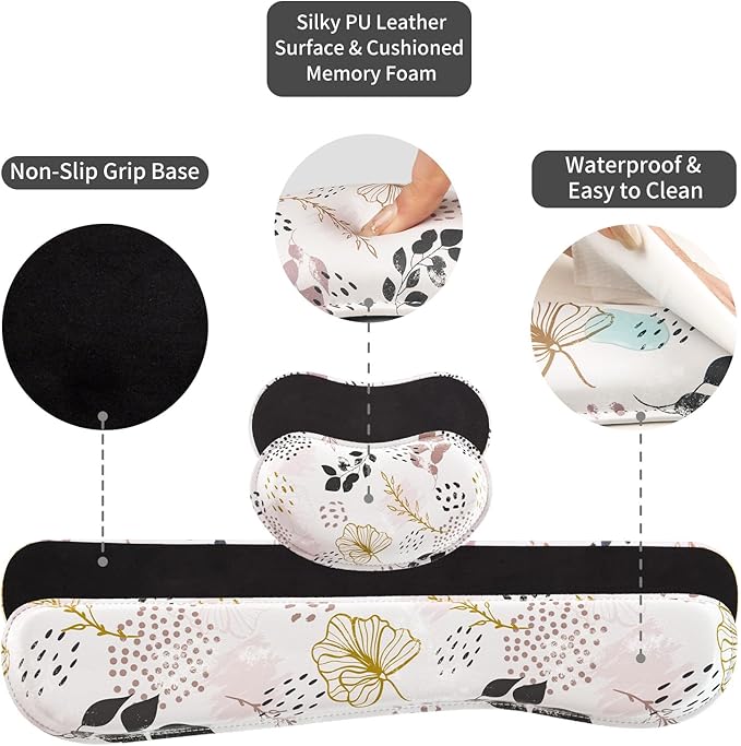 QIYI Leather Desk Mat Set 4-in-1 Large Mouse Pad with Wrist Rest Non-Slip Desk Pad + Keyboard Wrist Rest + Mouse Wrist Support + Coaster Office Desk Accessories Home Decor Supplies Botanical Leaf