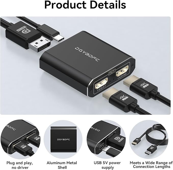 DisplayPort to Dual HDMI Adapter 1 in 2 Out 4K60Hz Display Port DP 1.4 to 2 HDMI Splitter for PC Graphics Card Monitor Supports Windows Extended Mode [MacOS Only Mirror Mode] No DP Cables