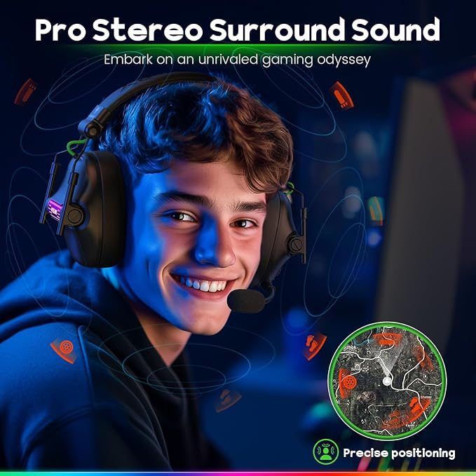 WG2 Wireless Gaming Headphone for PS5 PS4 PC Switch Mac Crystal Stereo Bluetooth Headphones Wireless Headset 2.4GHz with Lossless Audio 50 Hr Battery Cool LED