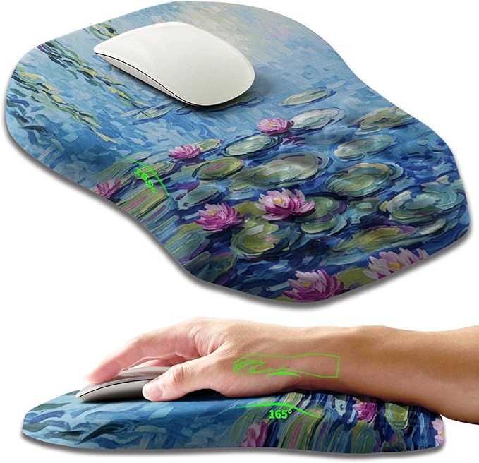 Ergonomic Slope Mouse Pad Wrist Support Wrist Rest Mousepad for Carpal Tunnel Pain Relief with Massage Bulge and Slow Rebound Memory Foam (12x8 inch Lotus Pond)