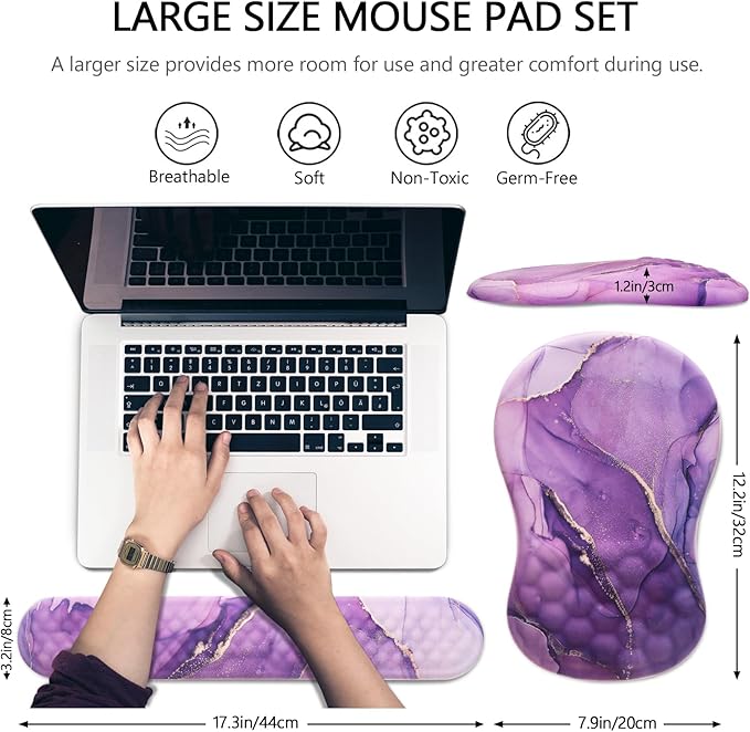 Mouse Pad Wrist Support Laokiiy 2 in1 Keyboard Wrist Rest+ Ergonomic Mouse Pad Non-Slip Wrist Rest for Computer Keyboard Made Easy Typing &amp Relieve Wrist Pain(Amethyst Purple Marble)