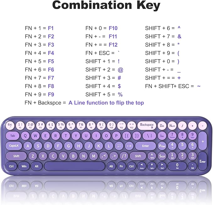 Wireless Keyboard and Mouse Combo MOWUX Compact Typewriter Retro Round Computer Keyboard Cute Optical Mouse Wireless Plug and Play for Laptop PC Computer- Purple Gradient