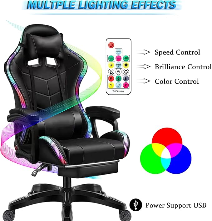 Gaming Chair for Teens or Adults Ergonomic Pro Video Game Chairs with RGB Lights and Speakers Reclining Computer Chair with Footrest High Back Massage Gamer Chair Big and Tall Office Desk Chair