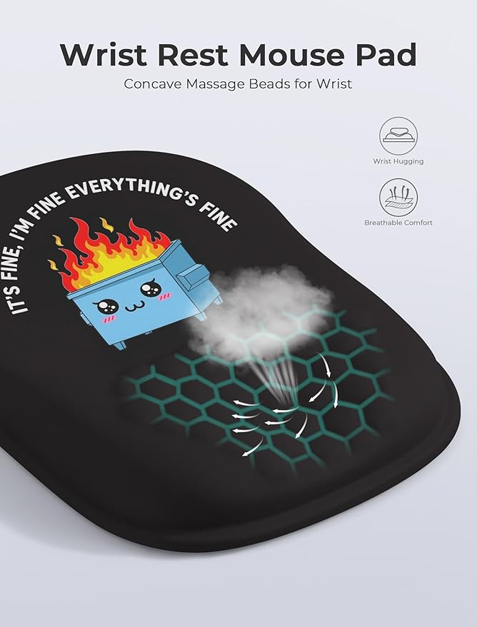 Funny Dumpster on Fire Ergonomic Mouse Pad for Carpal Tunnel Pain Relief 65% Usable Mouse Area Memory Foam Concave Wrist Rest for for Office PC Gaming