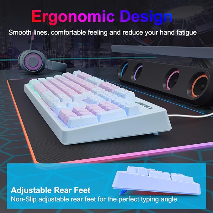 HUO JI Gaming Keyboard USB Wired with Rainbow LED Backlit Floating Keys Mechanical Feeling Spill Resistant Ergonomic for Xbox PS Series Desktop Computer PC Purple Blue