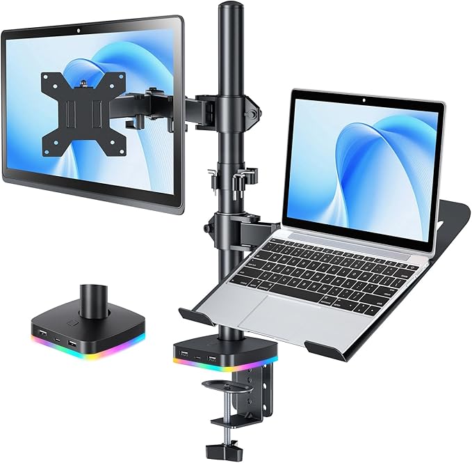 RGB Monitor and Laptop Mount Stand with 3 USB Ports Charging and USB Data Transfer Adjustable laptop stand for 13 to 32 Screen and 11-17” Laptop Holds 18lbs/Arm 75x75/100x100 VESA C-Clamp
