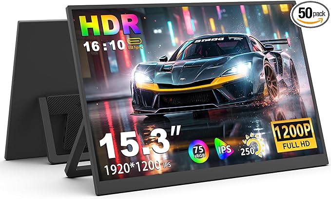 15.3-inch portable monitor with a Full HD 1200p IPS display featuring USB-C and Mini HDMI ports ideal as a second screen for laptops desktops Macs mobile phones Xbox and PS5built-in speakers
