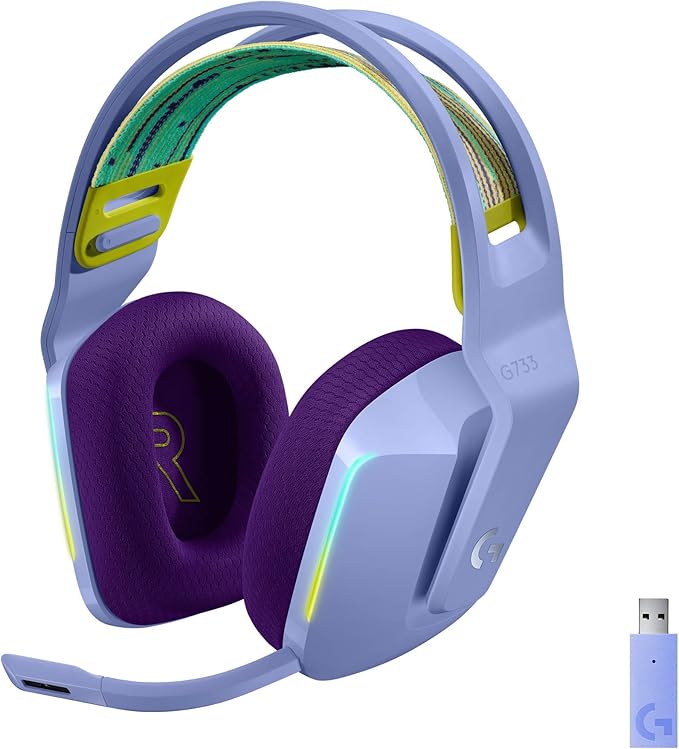 Logitech G733 Lightspeed Wireless Gaming Headset with Suspension Headband LIGHTSYNC RGB Blue VO!CE mic Technology and PRO-G Audio Drivers - Lilac