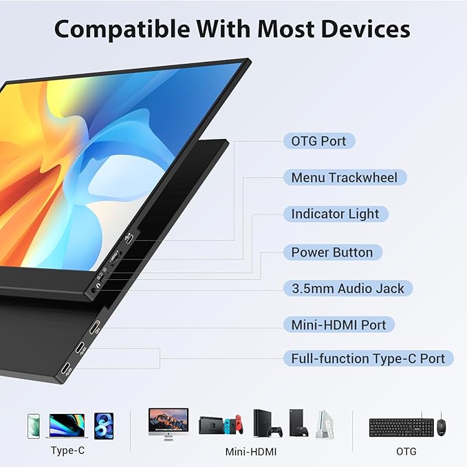 HotYeah Portable Monitor 16.1in 1080P FHD Laptop Monitor USB-C HDMI External Computer Display HDR IPS w/Smart Cover &amp Speaker 2nd Screen for PC Mac Phone Switch PS5