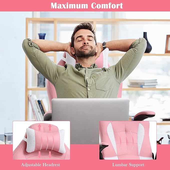 PC Gaming Chair Ergonomic Office Chair High Back Computer Chair with Lumbar Support&amp Headrest Adjustable PU Leather Desk Chair Racing Task Rolling Swivel Executive Chair for Women Pink