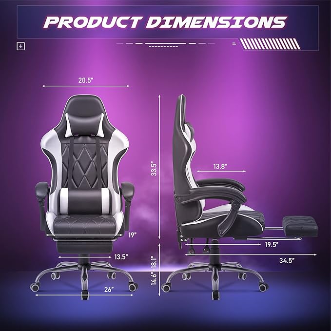 Homall Gaming Chair Computer Chair with Footrest and Massage Lumbar Support Ergonomic High Back Video Game Chair with Swivel Seat and Headrest (White)