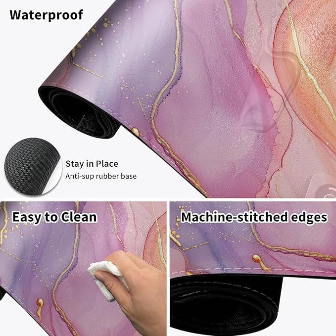 Warm Desk PadHeated Desk PadOffice Mat3 Heating Levels &amp 3 Hours Auto Shut-Off31.5*13 Gaming Mouse Laptop Keyboard Leather Desk MatPink Golden Marble