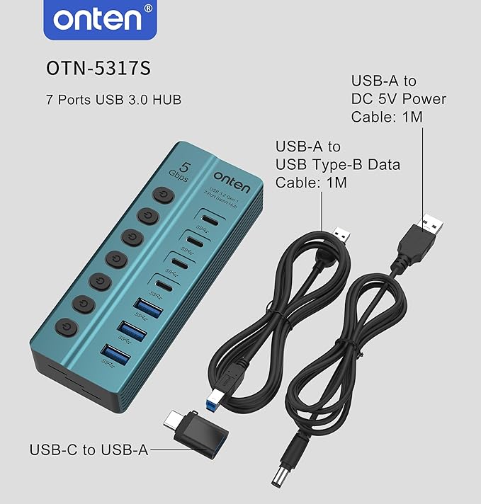 Onten OTN - 5317S 7 - Port USB 3.0 Hub 5Gbps High - Speed Data Transfer Independent Switches Wide Compatibility for Laptop Pad Phone Game Console