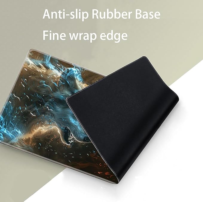 Keyboard Mouse Pad SetLarge Desk Pad+Keyboard Wrist Rest+Mouse Pad Wrist Support+CoasterEasy Typing Pain Relief Non-Slip Mousepad Wrist Support Mousepad Set Home OfficeFire with Ice Wolf