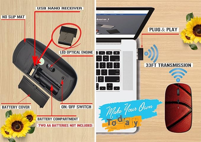 maizi Wireless Mouse for PC MacBook Computer Laptop (BYADAUa2GA_Basketball Closeup_148)