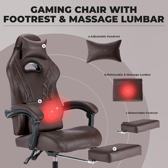 Gaming Chair with Footrest and Massage Lumbar Support Ergonomic Computer Gamer Chair Office Video Game Chairs with Adjustable Height and Backrest (Coffee)