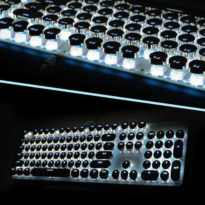 Typewriter Style Mechanical Gaming Keyboard RGB Backlit Wired with Blue Switch Retro Round Keycap 104 Keys Keyboard (Blue 104 Keys LED)