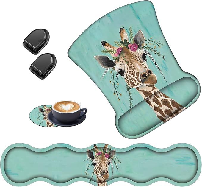 Keyboard Wrist Rest + Mouse Wrist Rest + Coaster + Invisible Hook Set Ergonomic Mouse Pad Wrist Pain Relief and Non-Slip Base Design Suitable for Office and Home Green Rustic Wood and Giraffe