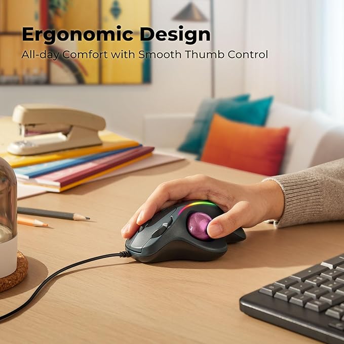 Wired Trackball Mouse with RGB Lighting Ergonomic Thumb Control to Reduce Muscle Strain 5 Adjustable DPI Dual USB-C &amp USB-A Connectivity Compatible with PC Laptop Mac Windows-Pink