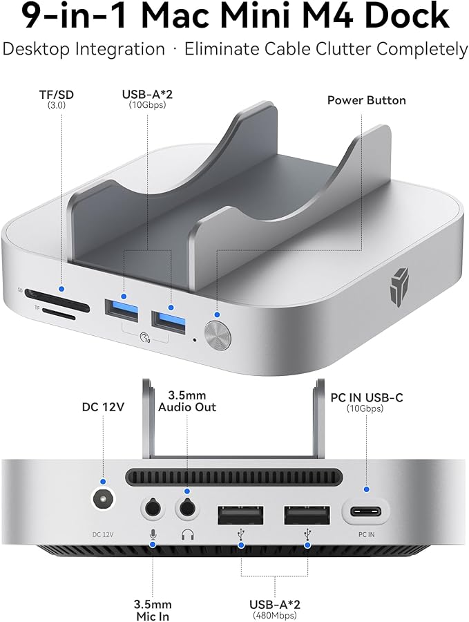 Yottamaster 9 in 1 Mac mini M4 Dock 10Gbps with 8TB NVMe SATA SSD Enclosure Aluminum Mac mini M4 Stand and Hub Built in Cool Fan USB-A*2/USB-C 10Gbps USB-A 2.0 * 2 3.5mm Audio*2 TF/SD