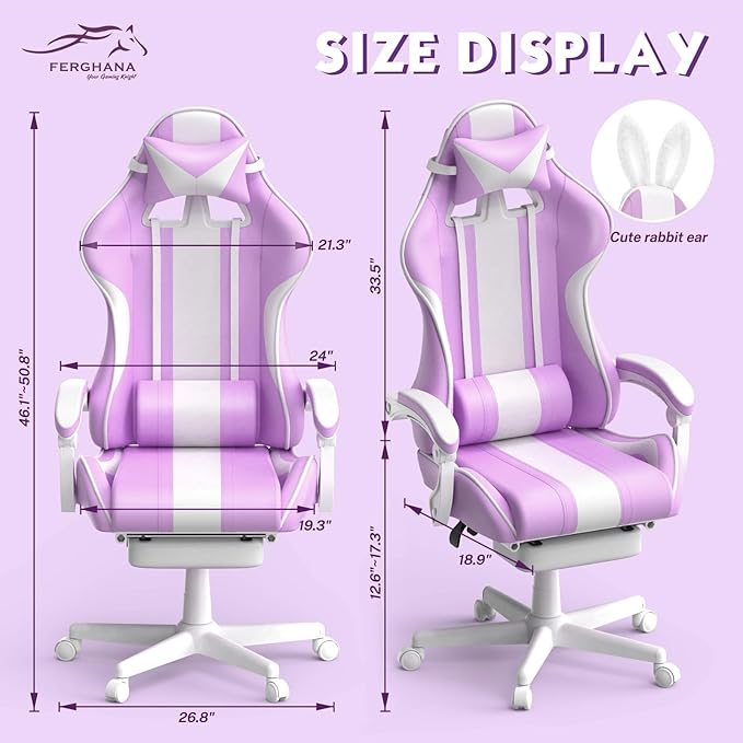 Ferghana Kawaii Light Purple Gaming Chair with Bunny Ears Ergonomic Cute Gamer Chair with Footrest and Massage Racing Reclining Leather Computer Game Chair 250lbs for Girls Adults Teens Kids