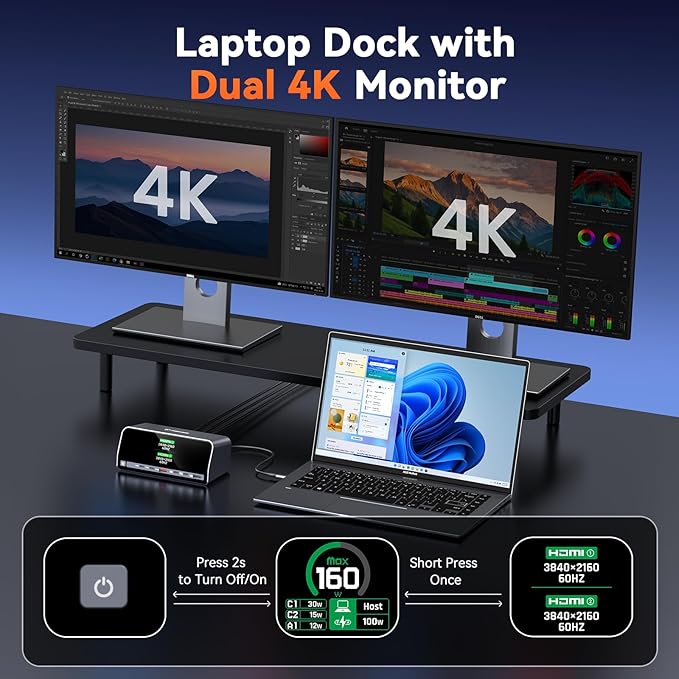 TobenONE Docking Station 13-in-1 Laptop Docking Station Dual 4K Monitor with HDMI 100W PD Ports 10Gbps USB A/C LCD Smart Display Gigabit Ethernet 160W Max Output for Dell HP Lenovo and More