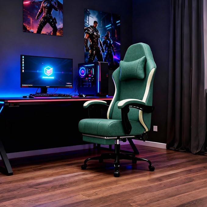 Gaming Chair High Back Fabric Computer Chair with Pocketed Spring Cushion and Footrest Height Adjustable Game Chair with Headrest and Lumbar Support