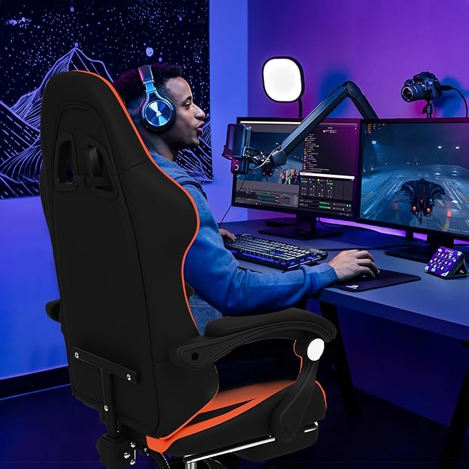 Gaming Chair Office Chair Reclining High-Back PU Leather Computer Desk Chair with Headrest and Lumbar Support suitable for gaming chairs office storage office shelving and more（Orange）
