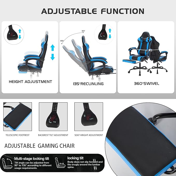 Gaming Chair with Footrest Ergonomic Computer Seating Massage Lumbar Support Height Adjustable PU Leather Reclining Video Game Chairs for Adults Office (Black+Blue)