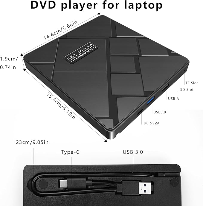 External CD/DVD Drive USB-C/USB 3.0 CD Burner DVD Player Compatible with MacBook iMac Windows 11/10/8/7 laptops and PCs Portable disc Reader with Carrying case