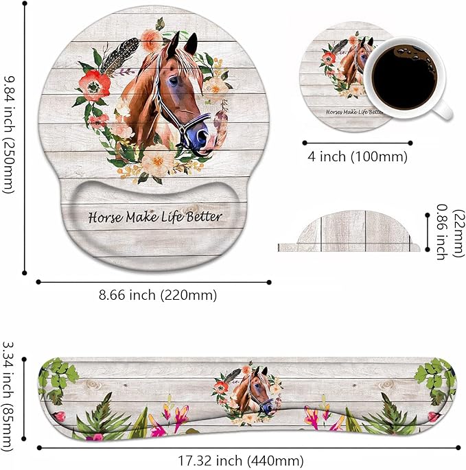 Keyboard Wrist Rest + Mouse Pad Wrist Support Set with Coasters Non-Slip PU Base Ergonomic Mousepad for Home Office Working Studying Easy Typing &amp Pain Relief Horse Theme Horses Make Life Bette