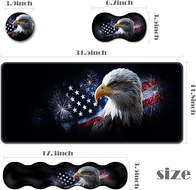 Ergonomic Keyboard Wrist Rest &amp Mouse Pad Wrist Rest SetXL Gaming Desk Mat 31.5x 11.8Non-Slip BaseMemory FoamEasy Typing Pain Relief for Office &amp HomeBald Eagle US Flag Fireworks