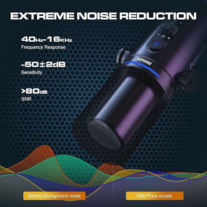 XLR/USB Podcast Microphone Gaming Mic with Mute Button Reverb Effects Noise Cancellation Boom Arm Stand Headphones Jack Dynamic Microphone for Streaming/Recording/Gaming/Vocal-Black