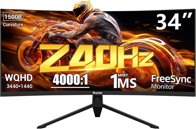 34 Inch Ultrawide Curved Gaming MonitorUWQHD (3440x1440) 240Hz1ms MPRT HDR400Fast VA PIP/PBPAI CrosshairAIPQ(Visual Enhance)MPRT 1msHDMI2.1 * 2DP1.4 * 2(DP Cable Incl.)