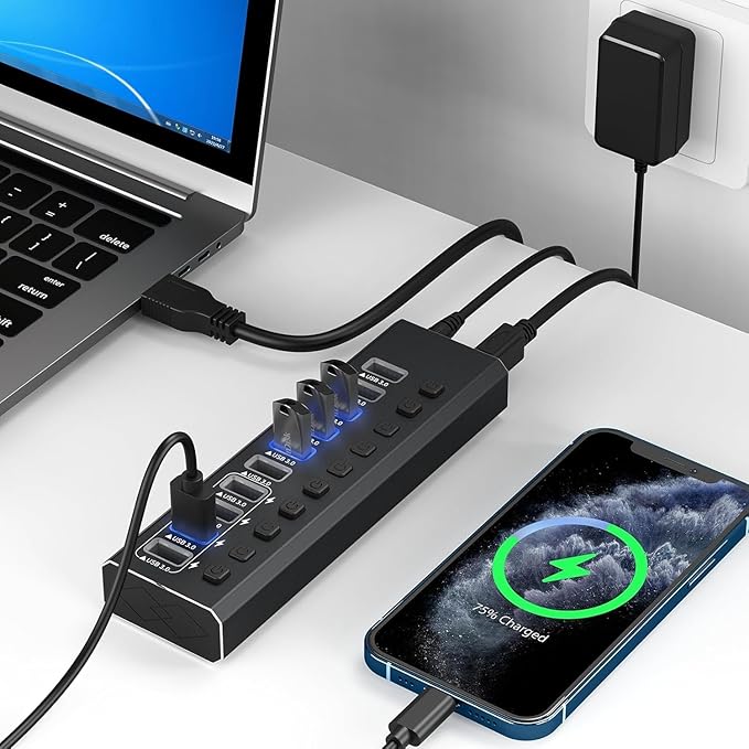 Powered USB 3.0 Hub Aluminum 10 Port USB 3.0 Data Hub with 12V/4A (48W) Power Adapter and Individual On/Off Switches &amp LEDUSB Extension for MacBook Mac Pro/Mini and More