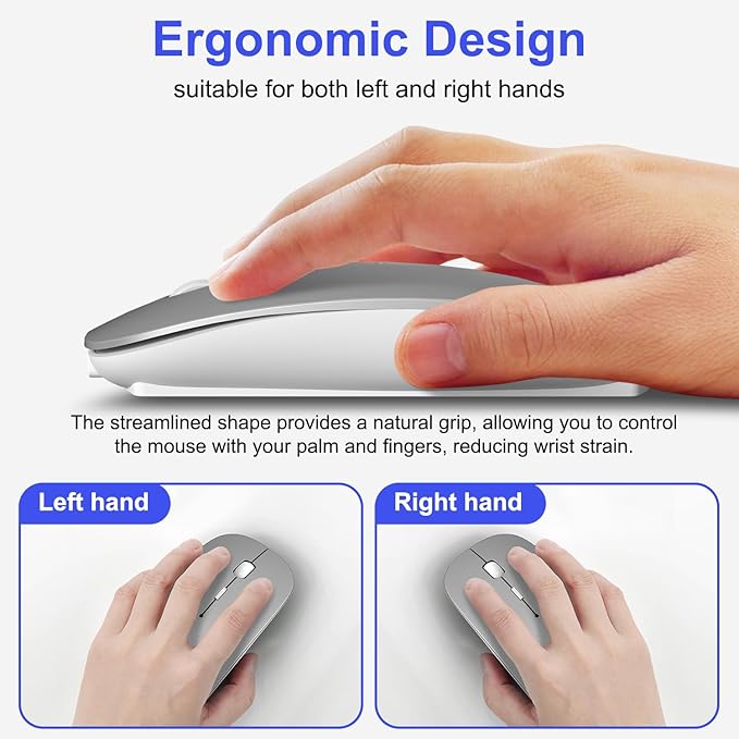 Bluetooth Wireless Mouse for MacBook Air Mac Pro iPad Laptop Computer Pad Optical Rechargeable Slim Silent Dual Mode (2.4G USB-C/USB-A&ampBluetooth 5.2/3.0) Mouse Jiggler for Computer Awakening(Grey)