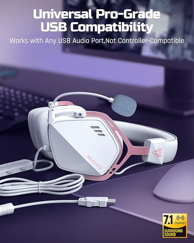 NUBWO HG03 USB-A Gaming Headset with 7.1 Surround and FPS Sound Wired Headphones with Noise Canceling Mic Comfortable Design for PC Laptop - White Pink