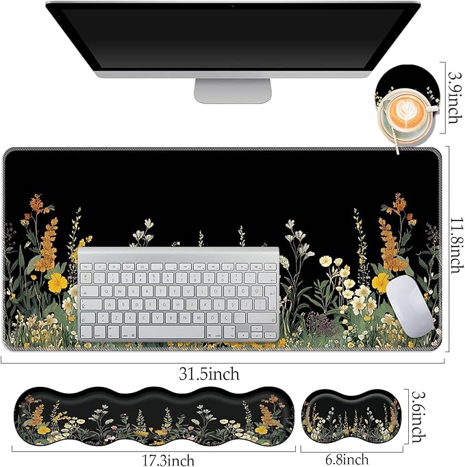 Keyboard Wrist Rest and Mouse Pad Set31.5x11.8 Inches Desk MatWaterproof Non-Slip Ergonomic Wrist Support for Pain ReliefExtended Desk Protector for Office Home GamingWeeds