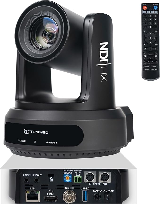 TONGVEO NDI PTZ Camera with AI Auto-Tracking: 20X Optical Zoom HDMI SDI USB PoE IP 1080P 60fps Video Camera for Live Streaming Conference Room Webcam for Church Worship OBS