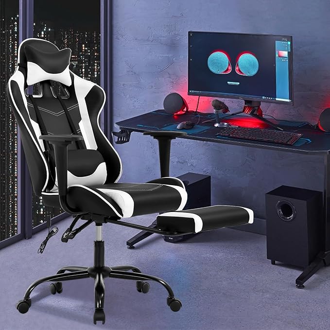 Gaming Chair with Massage &amp Footrest - Ergonomic Racing Office Chair for Adults Women Gamers - Adjustable Reclining PC Gaming and Home Office Desk Chair with Lumbar Support White