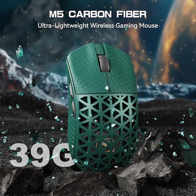 MAMBASNAKE M5 Ultra Carbon Fiber 8000Hz Wireless Gaming Mouse 39g Superlight 42000DPI PAW3950MAX Sensor Nordic 52840 MCU Chip Bluetooth/2.4G/USB-C Wired Mice with Coiled Cable for PC/Mac (Green)