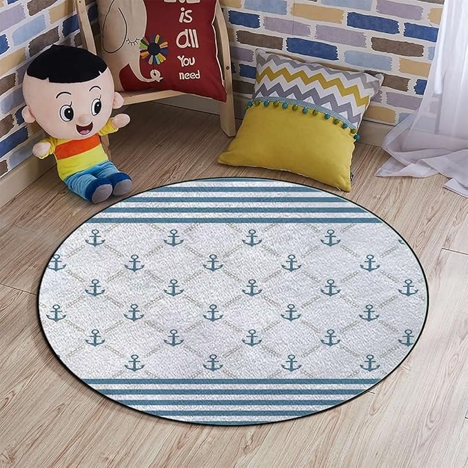 Anchor Gaming Chair Mat Round Floor Mats for Office Chair Computer Gaming Desk Mat for Rolling Chair Non-Slip Gaming Rug Marine Anchor Striped BackgroundPale Blue White Diameter 43.3 in